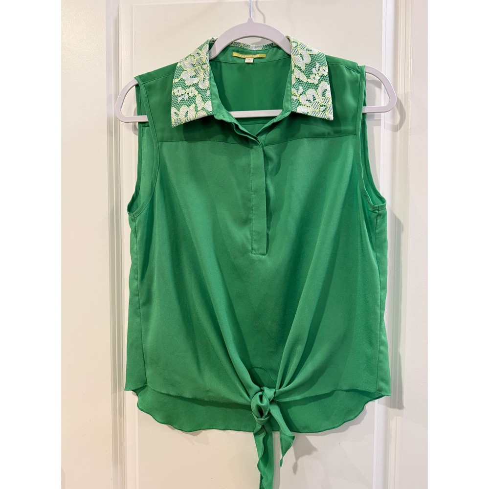 Gianni Bini Womens Kelly Green Sleeveless Lace Collar Tie Front Blouse Size M